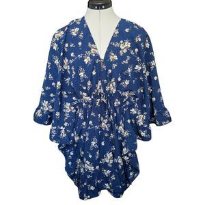 Navy Blue Floral Front Tie Kimono Small Wrap Cover Up Boho Chic Beach Cottage